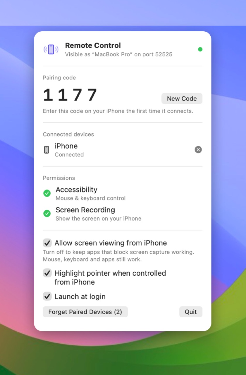 The Zapette menu on the Mac with pairing code, connected iPhone and permissions
